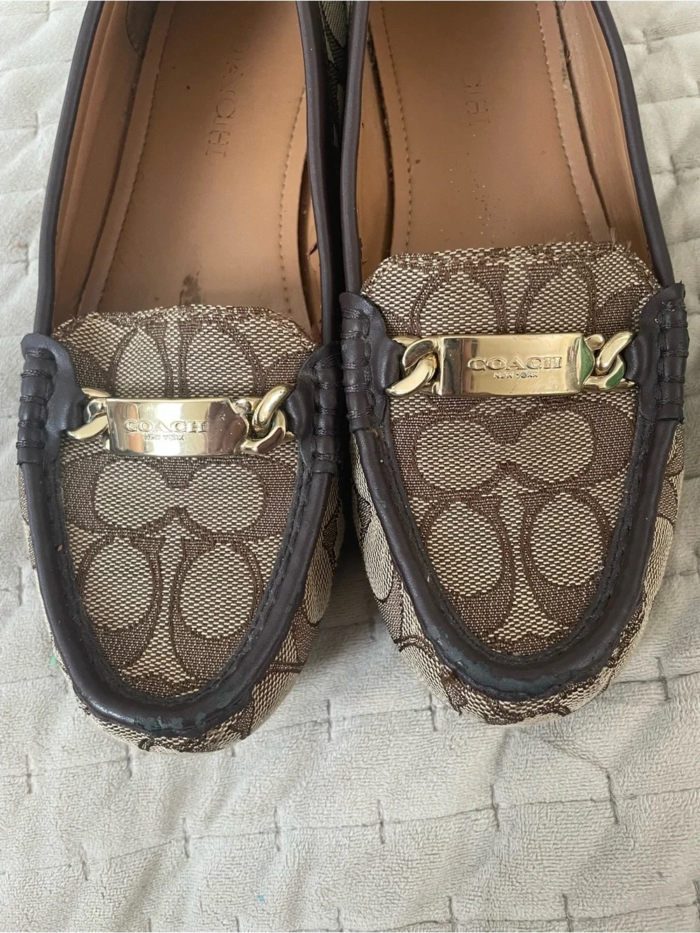 Coach Brown Signature Canvas Moccasins with Gold Plaque